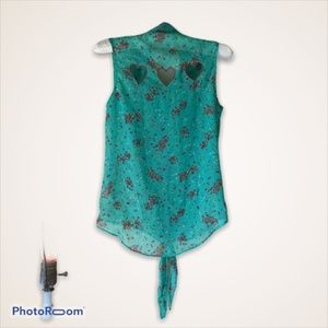 Floral Green Sheer Sleeveless Tie Top Triple Heart Cutouts on Back Size XS